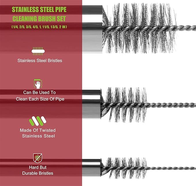 Pipe Cleaning Brush Set Stainless Steel Bristles Stainless Steel Pipe Brush Steel Bottle Brush 9 Piece Variety Pack for Auto Parts Bottles Tubes Etc.