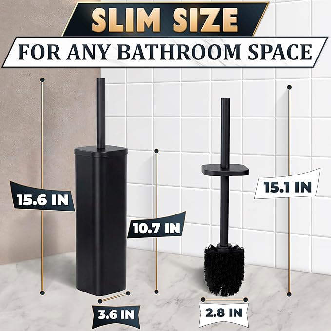 Black Toilet Brush with Square Stainless Steel Holder - Freestanding Toilet Brush and Holder Set Black - Removable Plastic Inner Cup Splash Guard Cover Replaceable Head Corrosion Resistant Finish