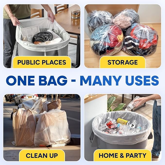 Plexon 56 Gallon Clear Trash Bags – 43 x 47 High-Density Garbage Liners 16 Micron Heavy-Duty Clear Can Liners for Commercial Use Pack of 150