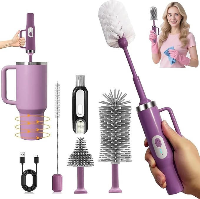 5-in-1 Long Handle Electric Bottle Brush Cleaner and Straw Cleaning Brush with Removable Brush Head Multi-Function Rechargeablefor Stanley Cups Baby Bottles Pacifiers Coffee Cups Sports Bottles