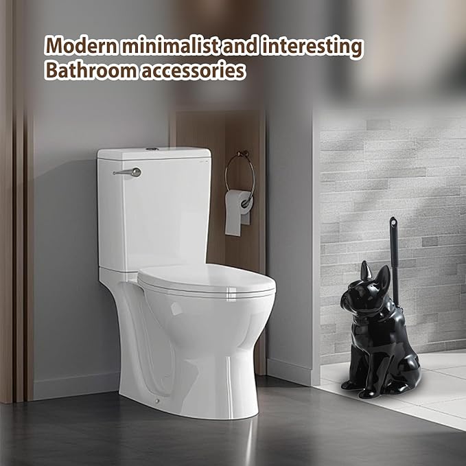 Shar Pei Hideaway Toilet Brush Holder - Concealed Brush Storage Modern Black Ceramic Bathroom Organizer with Sturdy Brush &amp Foam Protection Dog Lover Gift