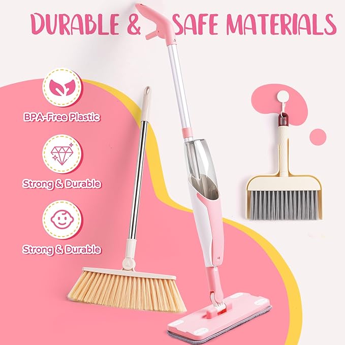 Kids Cleaning Toy SetPink Mini Spray Mop Montessori Toys Pretend Play Cleaning Tool for Toddlers with Spray Mop &amp Kids Broom Dustpan Set Cleaning Toys Gift for Toddlers Girls Boys Age 3+