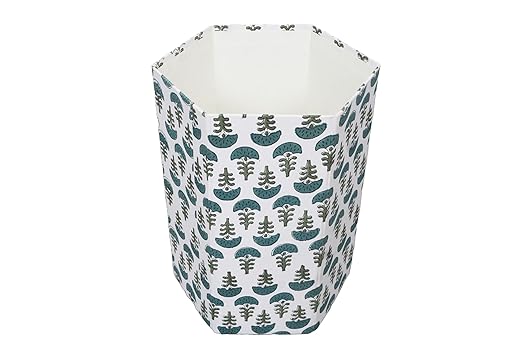 Generic 3.3 Gallon Cotton Hand Block Printed Paper Waste Basket |Small Decorative Trash Can for Housewarming Gifts in Living Room Bedroom Bathroom | Eco-Friendly Plastic-Free (1 GREEN WHITE)