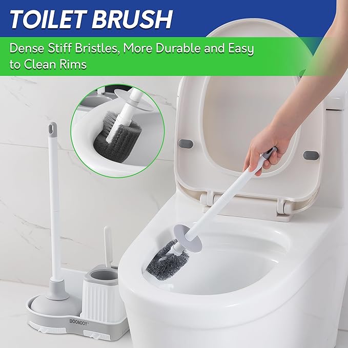 BOOMJOY Toilet Brush and Plunger Set with Crevice Cleaning Brush White Plunger and Brush Combo with Hidden Holder Bathroom Plunger and Toilet Bowl Brush Set Heavy Duty