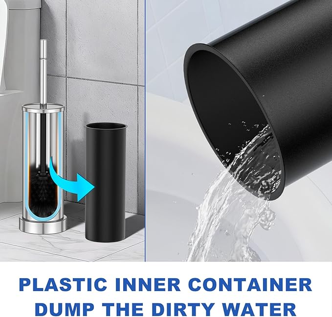 304 Stainless Steel Toilet Brush and Holder Set Heavy Duty Toilet Bowl Brush and Holder with Removable Inner Bowl Splash Protection Long Handle for Bathroom