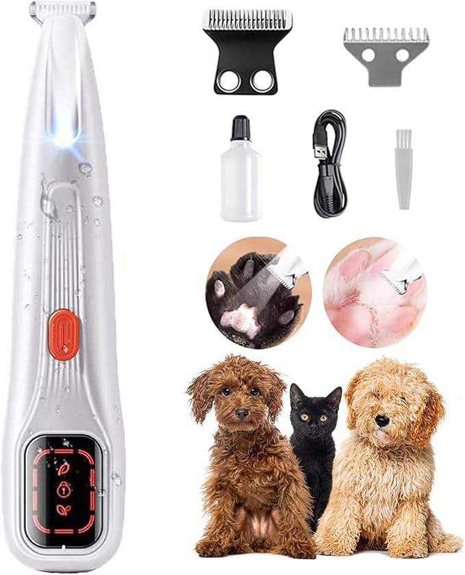 2026 New Pet Precision Trimmer Dog Paw Trimmer with LED Light Low Noise IP68 Waterproof Dual-Speed Motor Suit for Trimming Paw Ear Face Butt Eyebrows USB Rechageble (White Variant)