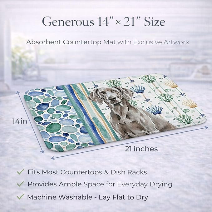 Caroline's Treasures Weimaraner Coastal Sea Glass Dish Drying Mat Absorbent Dish Drying Mat Pad for Kitchen Counter Dish Drainer Mat for Countertop 14 x 21 Multicolor