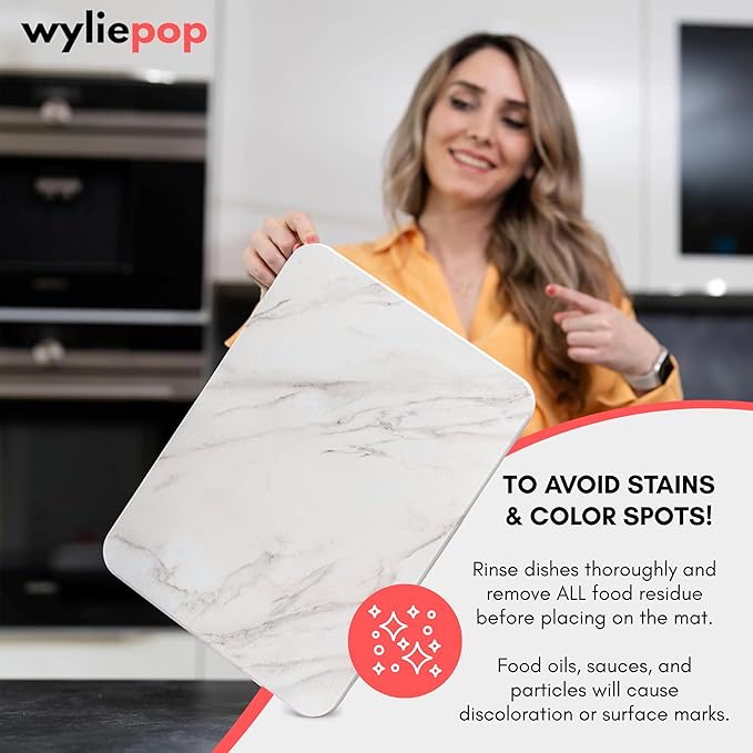 Stone Drying Mat for Kitchen Counter – Diatomaceous Earth Dish Drying Stone (White Marble) – Modern Countertop Drying Rack – Water Absorbent Heat Resistant Non-Slip Kitchen Mat with Towel (16x12)