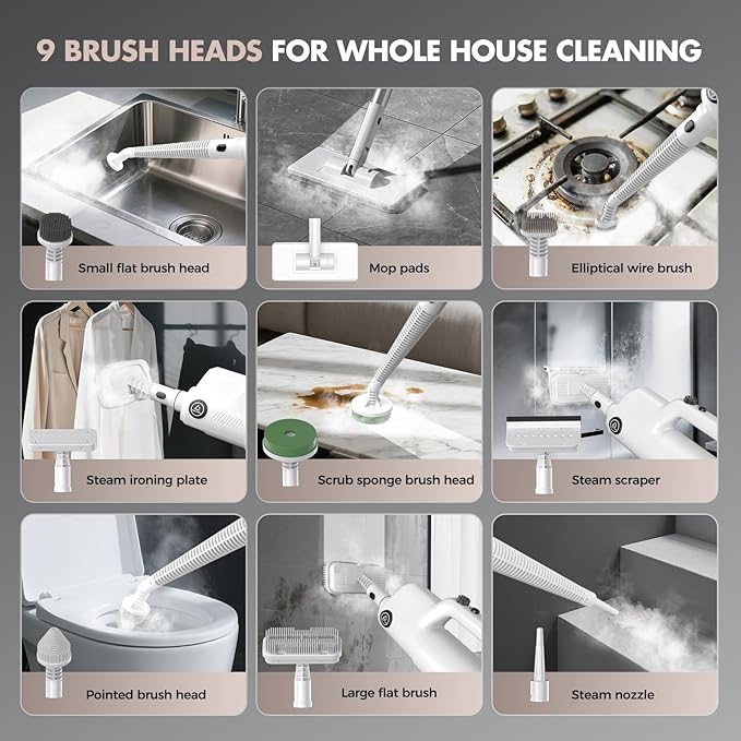 YKYI Steam Mop Detachable 10 in 1 Multipurpose Steamer with 11 Attachments Handheld Steam Cleaner for Home Hardwood Floors Laminate Marble Tile Grout Carpet Windows Cleaning (Light White)
