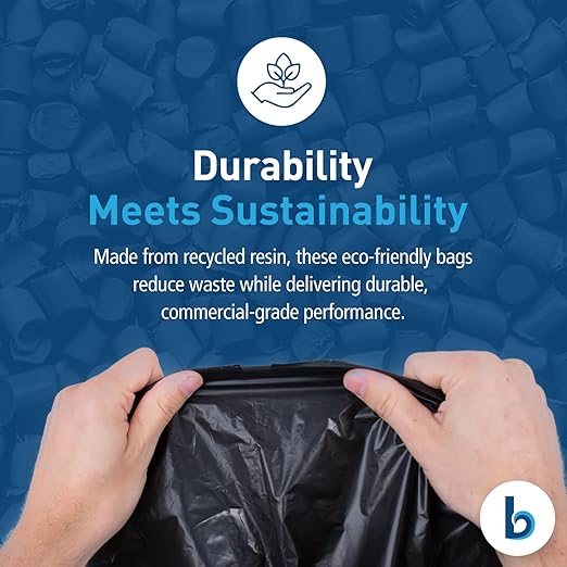 Boardwalk Recycled Resin Black Can Liners for Garbage Cans | 60 Gallon Waste Capacity | 1.2 mil 38x58 Inch Heavy Duty Trash Bags with Star-Sealed Bottom Design | Coreless 50-Bag Roll