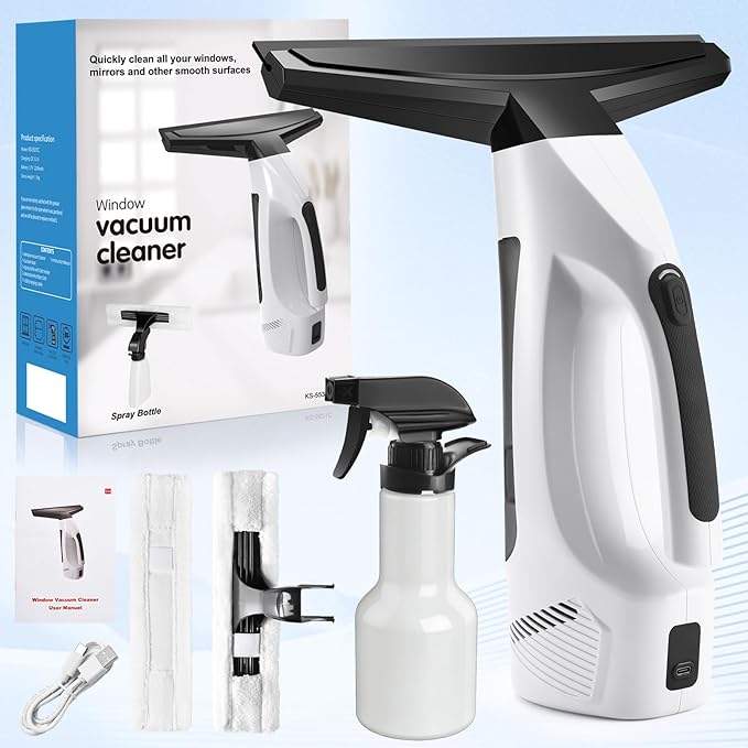 Window Vacuum Squeegee Cordless Handheld Window Vac with Multi-Purpose Spray Bottle &amp Microfiber Cloth Electric Cleaning Tool for Windows Tiles Mirror Countertop Car Windshield