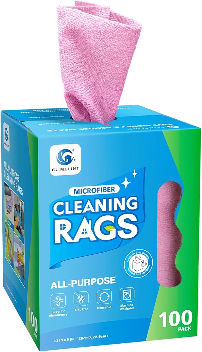 GLIMGLINT Pink Microfiber Cleaning Cloth 100 Pack Cleaning Rags Lint-Free Ultra Absorbent Reusable Paper Towels for Home Kitchen Car Garage or Shop Dish Rags 11 x 9