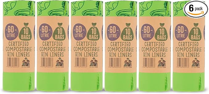 Eco Green Living 60 Litre Compostable Bin Liners Plastic Free &amp Recyclable Tall Bin Bags for Food Waste Leak Resistant Small Bin Liners 87 x 114 cm - Six Pack (60 Bags)