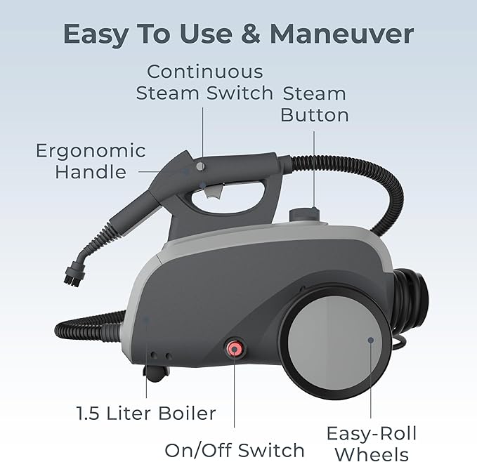 Pure Enrichment PureClean XL Rolling Steam Cleaner – Professional 1.5L Multi-Purpose Heavy Duty Steamer 17 Accessories Chemical-Free Deep Cleaning of Floors Upholstery Windows Grout Cars &amp M