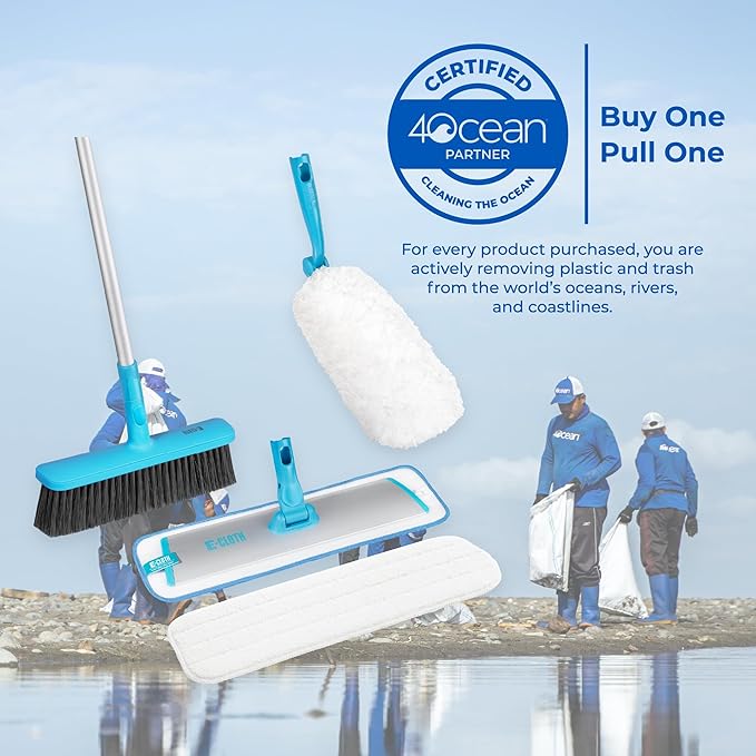 E-Cloth Easy-Click Home Cleaning Supplies Set - Dust Broom &amp Flat Mop Kit for Floor Cleaning Wall Ceiling &amp Floor Duster Adjustable Handle Interchangeable Heads Washable Pads No Refills