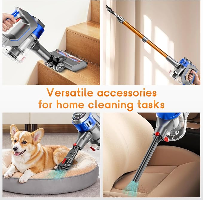 Cordless Stick Vacuum Cleaner - Rechargeable Powerful Vacuums with Detachable Battery Display Max 45Mins Runtime 8 in 1 Handheld Vacuum for Hardfloor &amp Carpets Pet Hair 45Kpa Yellow