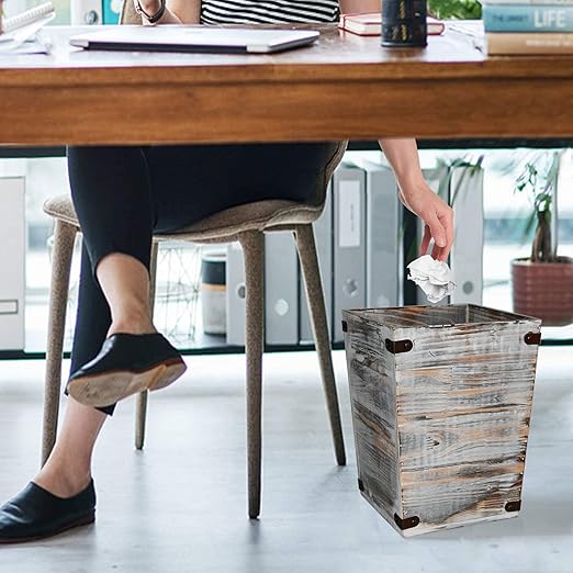 Owlgift Decorative Rustic Whitewashed Wood Trash Can Farmhouse Stylish Wooden Waste Basket Near Desk Square Garbage Cans Trashcan with Metal Brackets for Office Bedroom &amp Bathroom