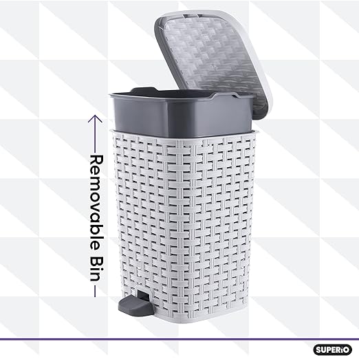 Superio Small Outdoor Trash Can with Lid for Dog Poop 3 Gallon/12 L Mini Plastic Garbage Can with Foot Pedal for Bathroom Bedroom Office Patio Wicker Smoke