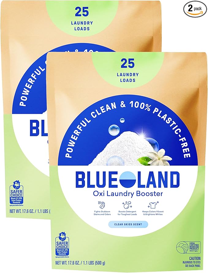 BLUELAND Oxi Laundry Booster Powder Refill 2-Pack Clear Skies Scent 50 Loads 35.2 oz Plastic-Free Eco Friendly Oxy Cleaner Stain Remover