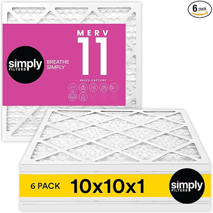 Simply 10x10x1 Air Filter Merv 11 6 Pack For Home AC Furnace &amp HVAC (Actual Size: 9.75x9.75x0.75) DUST Pet &amp Allergy Control