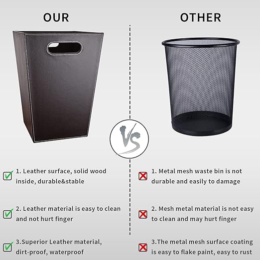 GORESE Leather Trash Can Bathroom Wastebasket 16L/4.2 Gallon Office Garbage Can with Handles for Near Desk Square Bedroom Waste Basket Bin for Home Dorm Decorative Brown