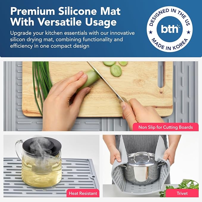 BTH 24 Extra Wide Foldable Dish Drying Mat for Kitchen Countertop Made In Korea Heat-resistant Premium Non-slip Silicone Mat Large Dish Drainer Mat Compact Folding Sink Liner Dishwasher Safe