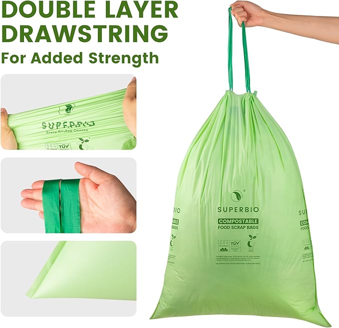 SUPERBIO 13 Gallon Compostable Drawstring Kitchen Waste Bag 49.2 Liter 30 Count1 Mil Heavy Duty Food Scrap Bags BPI Seedling and OK compost INDUSTRIAL