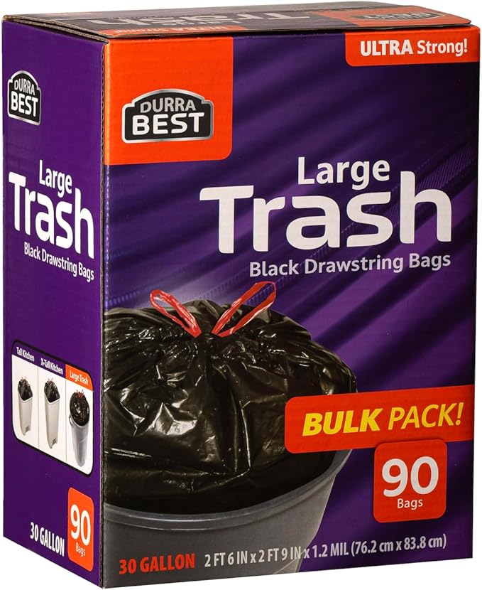 Heavy-Duty Trash Bags – 30 Gallon | 90 Bags - Black Ultra Thick Drawstring Garbage Bags – Leak-Resistant for Home &amp Commercial Use - Big Trash Bags