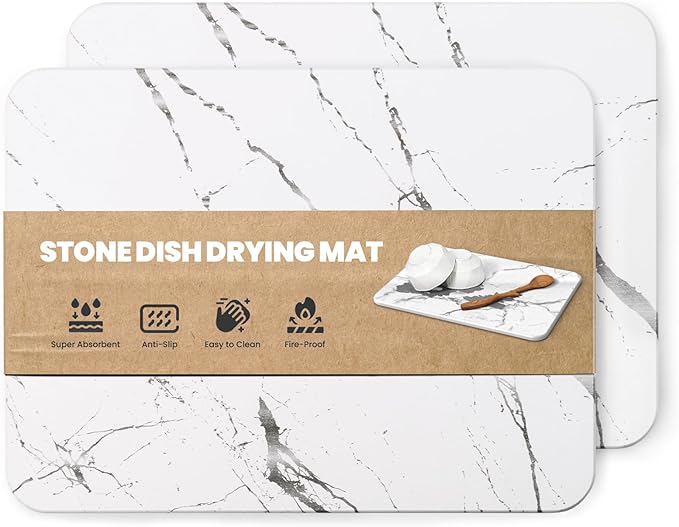 2 Pack Quick Dry Stone Drying Mat for Kitchen Counter Water-Absorbent Diatomaceous Dish Drying Mats Multi-Purpose Stone Drying Tray for Cups Dishes Bottles White-Marble