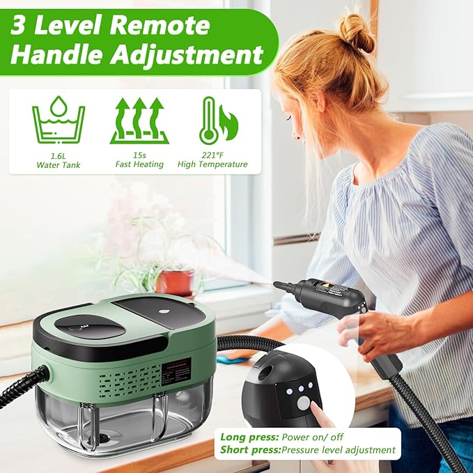 Handheld Steam Cleaner 2500W High Pressure Steamer for Cleaning Portable Steam Cleaner with 1.6L Water Tank 3 Levels Adjustable Handle Steam Cleaner for Home Car Furniture Bed Bugs (Green)