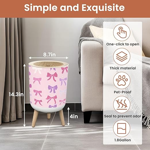 Bathroom Trash Can with Lid Pink Bows Ribbons Seamless Valentines Design Coquette core Handdrawn Garbage Bin Waste Basket for Kitchen Office Bedroom Decoration Diaper Pail 1.8 Gallon
