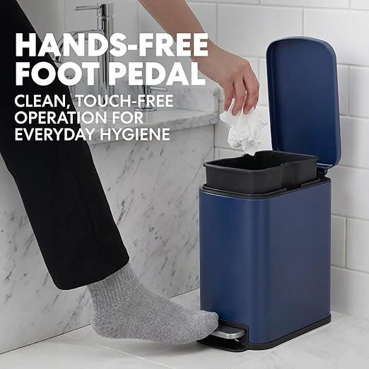 6L/1.6G Stainless Steel Bathroom Trash Can with Hands-Free Foot Pedal Quiet Soft-Close Lid Compact Space-Saving Size
