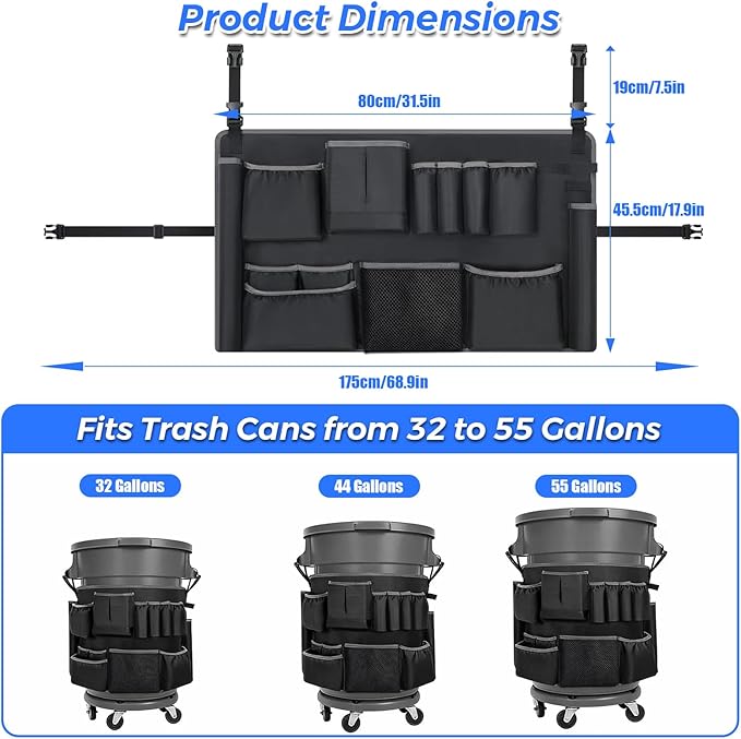 Trash Can Caddy Bag - 1680D Fabric Heavy Duty Cleaning Caddy with Adjustable Buckle Fits for 32-55 Gallon Garbage Bin 10 Pockets Cleaning Tool Storage Organizer for Housekeeping Janitorial