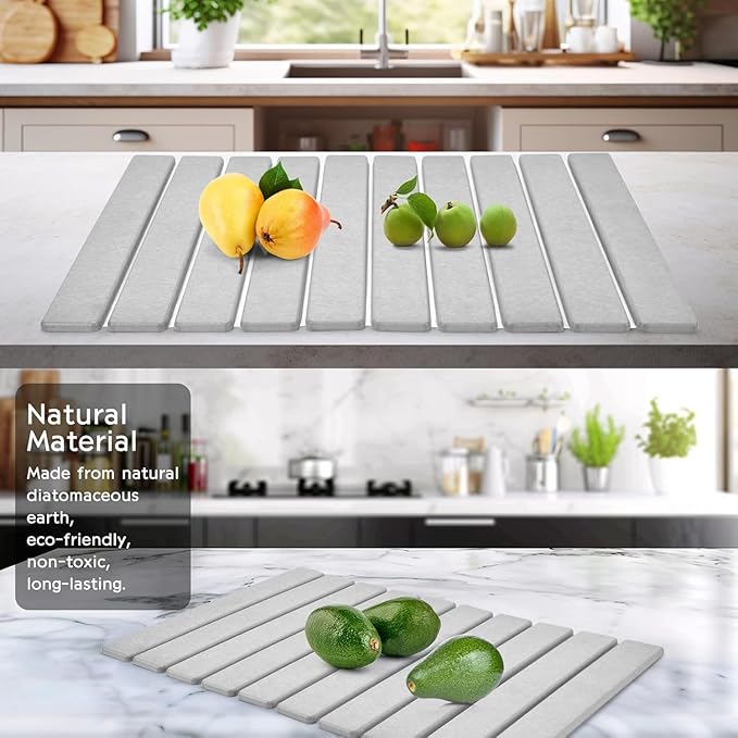 Stone Drying Mat for Kitchen Counter Stone Dish Drying Mat Foldable Super Absorbent Diatomaceous Earth Quick-drying Draining Mat for any Kitchen Countertop (Medium Gray B 23.6”x15.4”)