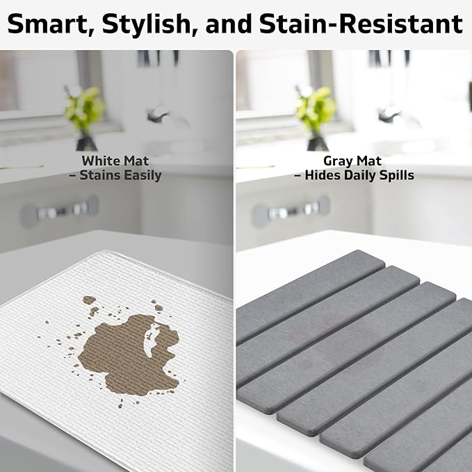Stone Dish Drying Mat for Kitchen Counter – Collapsible 24(L)×16 (W) Super Absorbent Diatomaceous Earth Dish Drying Mat Grey Kitchen Counter Mats for Dishes Bottles Cups Match Any Countertop