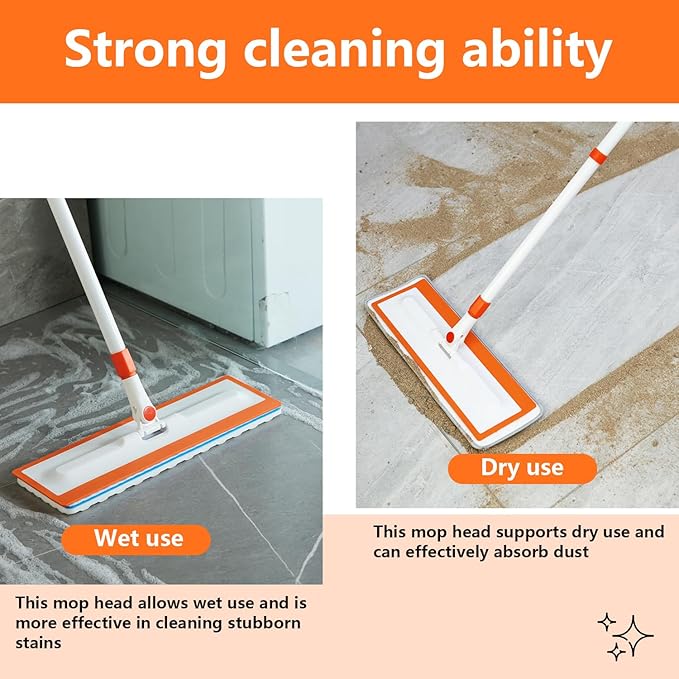 Magic Sponge Eraser Mop 56 Handle with Flexible 15 Flat Head2 Microfiber Pad and 3 Magic Sponge Eraser Pads (Mop Set15 Mop-Head)