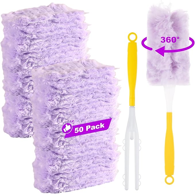 50 Count 360 Heavy Duty Duster Refills Bulk Compatible with Swiffer Dusting Refills with 1 Handle Multi Surface Disposable Dusters Refill for Cleaning (Purple)