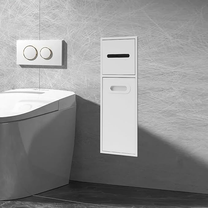 Recessed Bathroom Trash Can with Toilet Paper Holder Stainless Steel Hidden Tilt Out Trash Can Cabinet Modern in-Wall Niche for Bathroom Bedroom Office