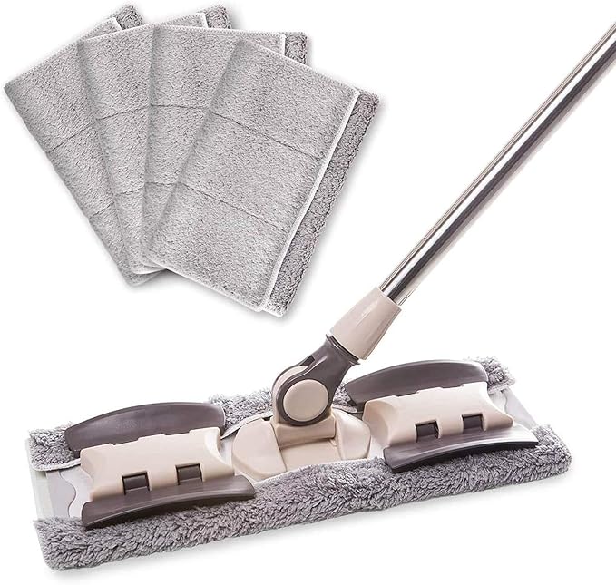 Flat mop with 4 Pads Foldable Scraper 360-degree rotatable Aluminum Alloy Frame Easy-to-Twist Flat