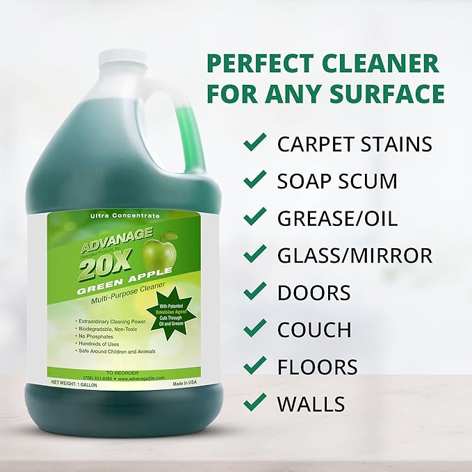 All Purpose Cleaner Concentrate - Advanage 20X The Wonder Cleaner Green Apple for All Surfaces Around Bathroom Kitchen Oil and Grease Multi Purpose Cleaner for Household Cleaning Solution 128 FlOz