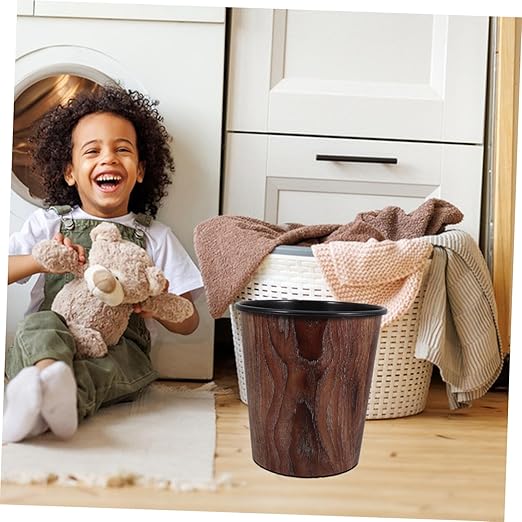 Retro Wood Grain Wastebasket Round Lidless Trash Can for Home Office Bedroom Bathroom Elegant Grain Pattern Garbage Bin for Dining Room Kitchen Decor
