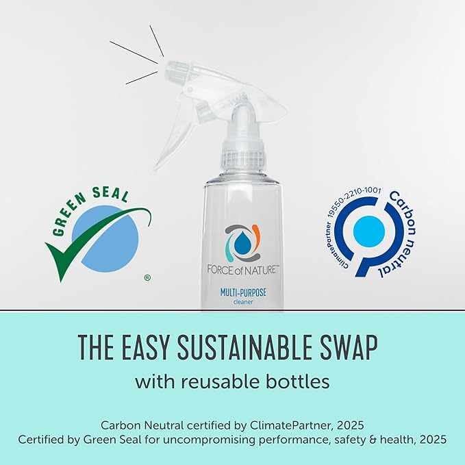 Force of Nature Multi-Purpose Cleaner Disinfectant &amp Deodorizer Year Supply Bundle - Reusable Bottle 50 Refills - EPA Registered Toxin-Free All-Purpose Natural Cleaning Supplies