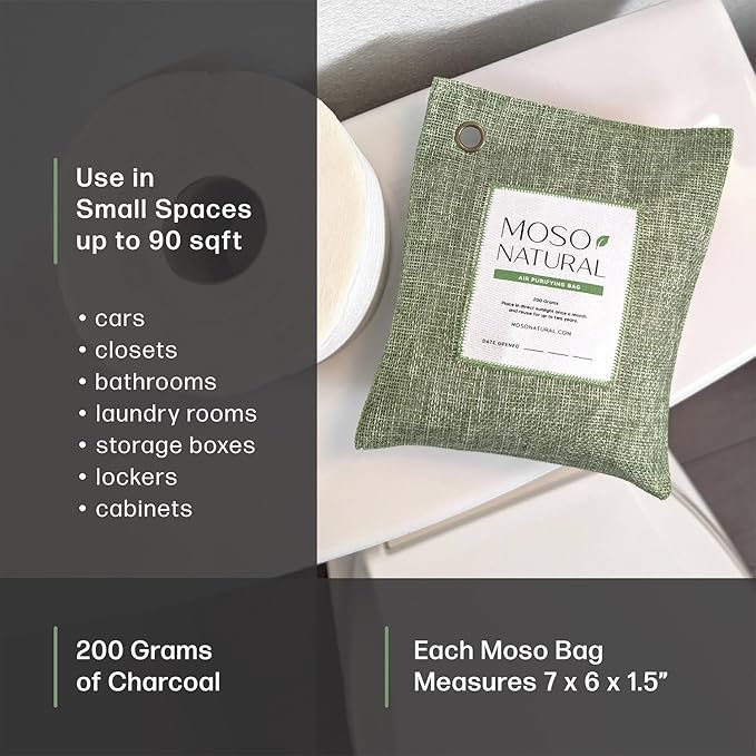 Moso Natural Air Purifying Bag 200g (5 Pack). A Scent Free Odor Eliminator for Cars Closets Bathrooms Pet Areas. Premium Moso Bamboo Charcoal Odor Absorber. Two Year Lifespan! (Green)