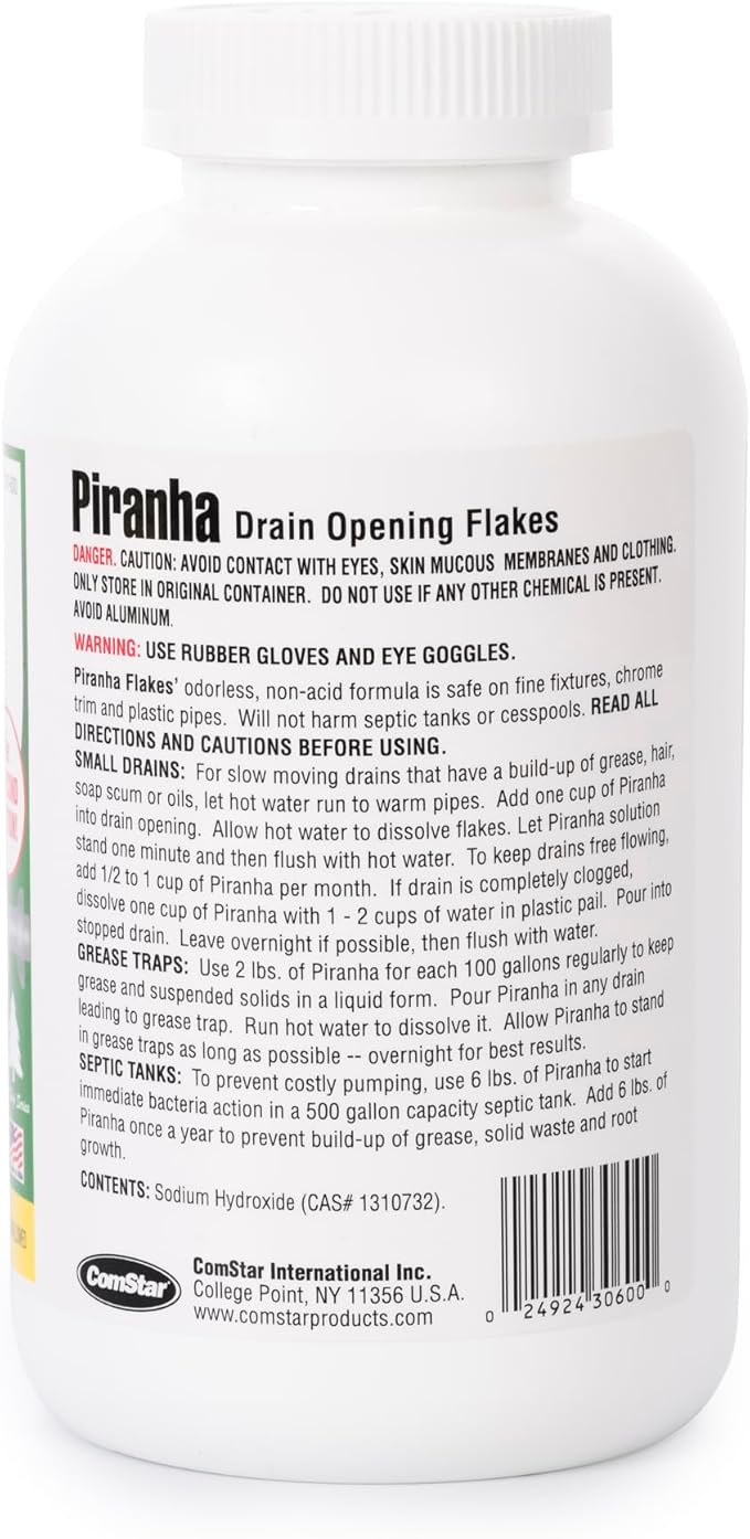 ComStar Piranha - Crystal Flakes Non-Acid Drain Cleaner That Dissolves Grease Hair &amp Root Growth in Sewer Lines Instantly Made in USA 2 Pounds (30-600)