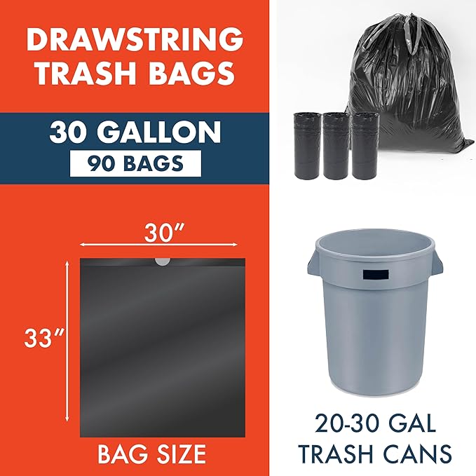 Made Here 30 Gallon Heavy Duty Commercial Trash Bags with Drawstring – Black Waste Can Liners for Office Janitorial and Facility Use Leak-Resistant 90 Count