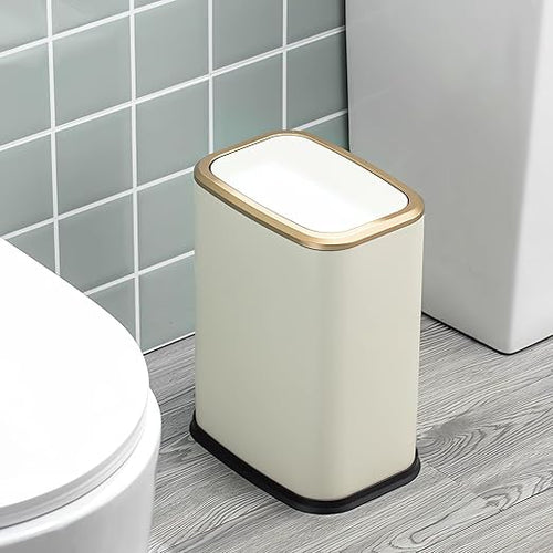 2 Gallon Small Office Bathroom Trash Can with Swing LidLiving Room Bedroom Garbage can Wastebasket binInner BucketMetal Decor Trash Can (Cream White)