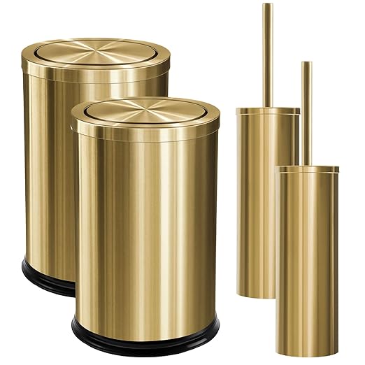 Maxdot 4 Pcs 2.4 Gallon/9 L Gold Bathroom Trash Can with Flip Lid and Toilet Brush Set Small Luxury Stainless Steel Garbage Trash Can Wastebasket Bin for Home Office Hotel Bathroom Bedroom Kitchen