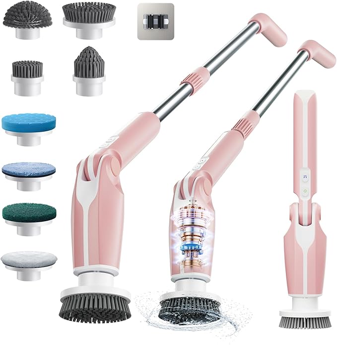 Leebein Electric Spin Scrubber Shower Scrubber with 4 Adjustable Angles and 8 Brush Heads Electric Scrubber with Long Handle &amp Remote Controller Cleaning Brush for Bathroom Tub Floor (Pink)