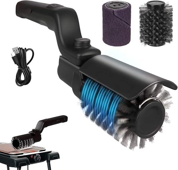 Upgraded Electric Grill Brush Cordless Rechargeable Grill Cleaning Brush with Adjustable Angle Stainless Steel Brush Head 3-Speed Power 90-Min Runtime Waterproof Cleaner for BBQ Grates (Black)