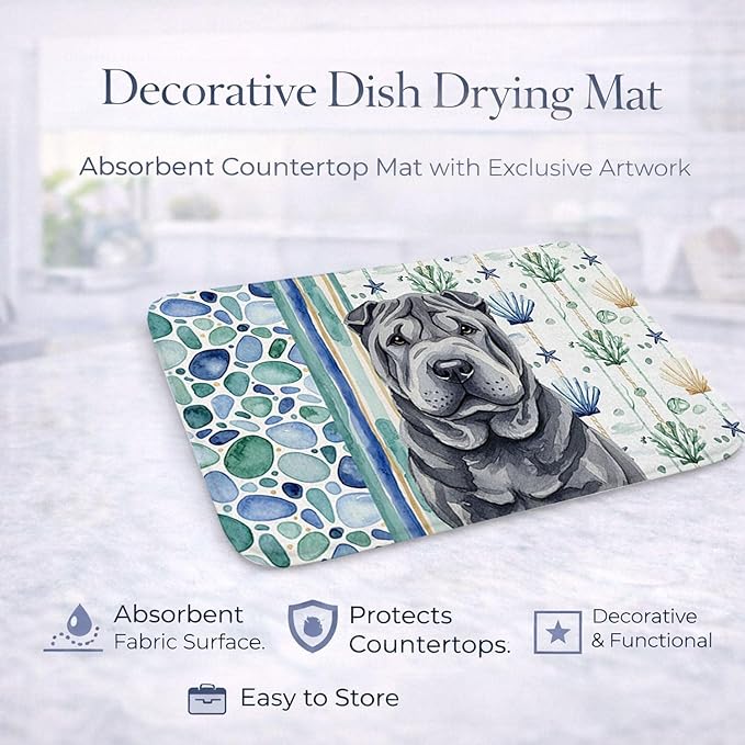 Caroline's Treasures Black Shar Pei Coastal Sea Glass Dish Drying Mat Absorbent Dish Drying Mat Pad for Kitchen Counter Dish Drainer Mat for Countertop 14 x 21 Multicolor